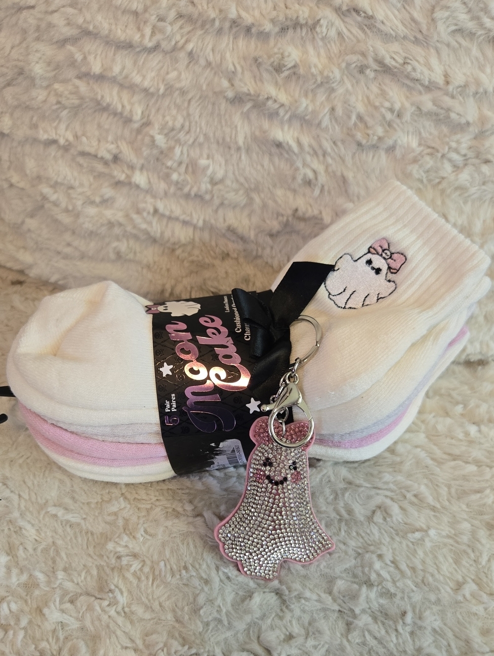 White & Pink Ghost Socks with Sparkle Ghost Keychain